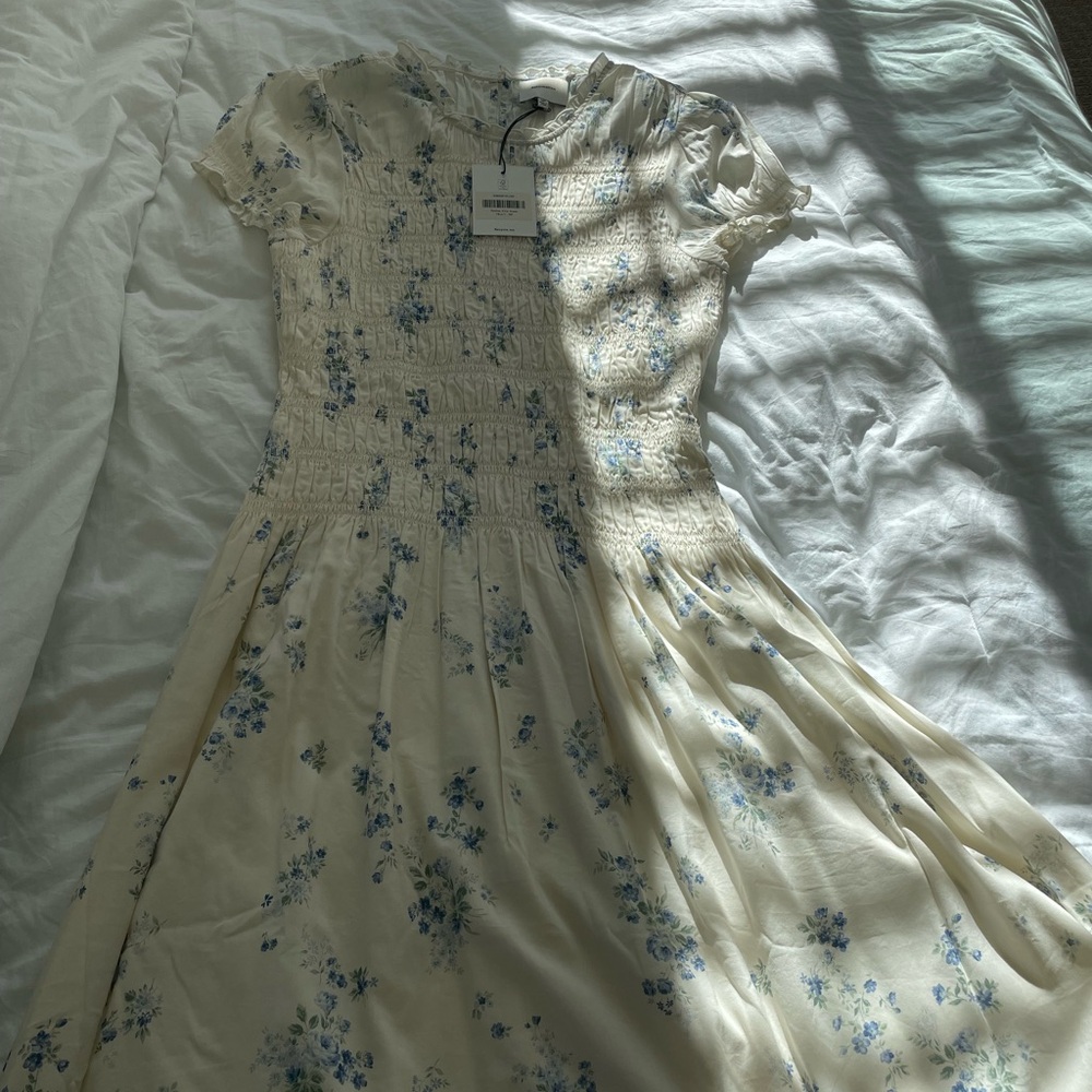 Reformation Floral Cream and Blue Dress